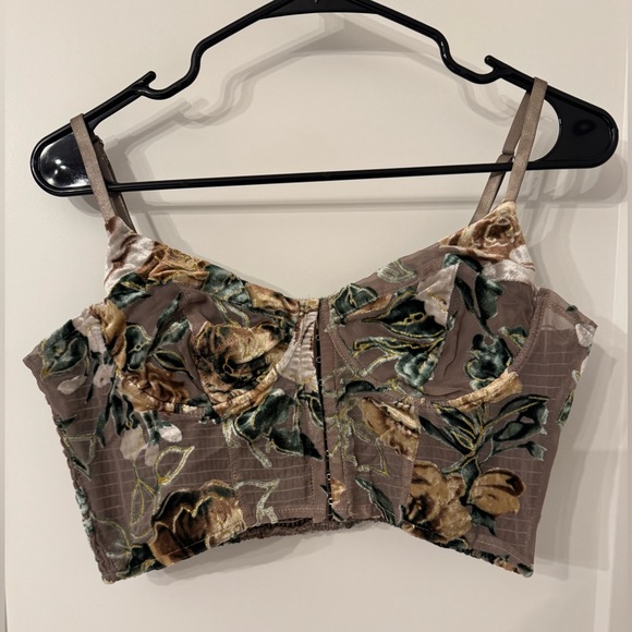Windsor Tops - Windsor Floral Velvet Cropped Bustier Top - Taupe Green Gold